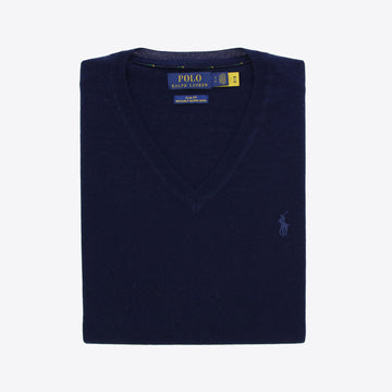Pull donkerblauw v-hals merinos