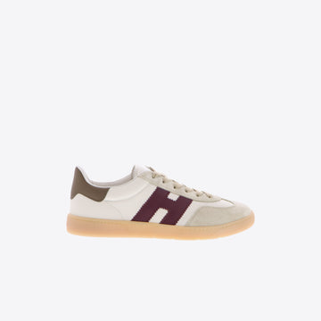 Sneakers beige bordeaux leder + daim